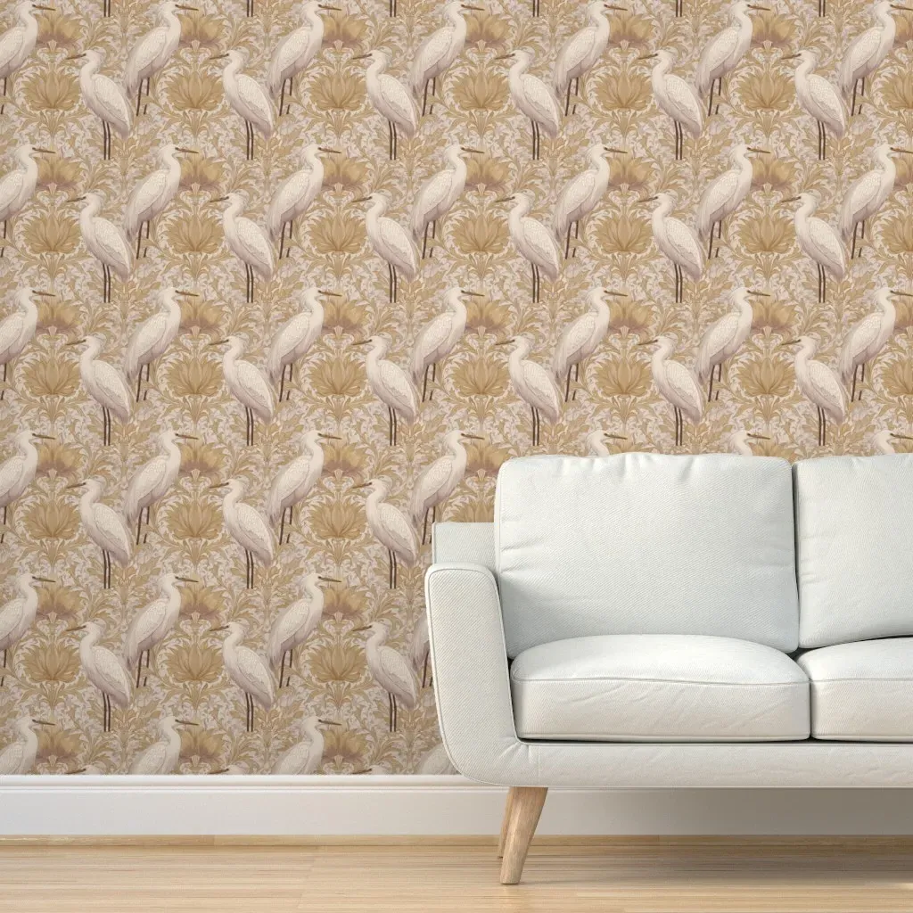Ornamental Egrets Feather Floral Damask Peel and Stick Wallpaper - Beige product