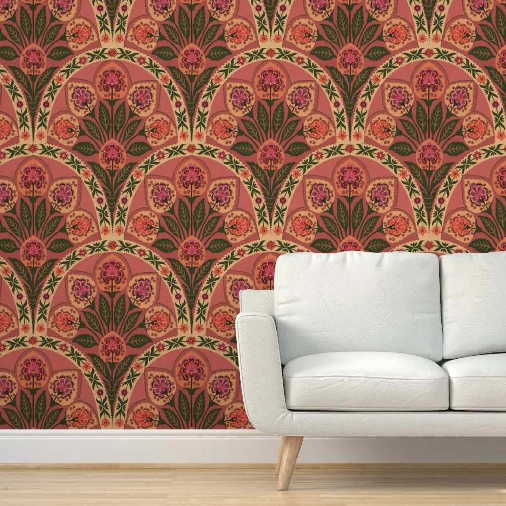 Ornate Art Nouveau Florals Peel and Stick Wallpaper - Terracotta Rose product