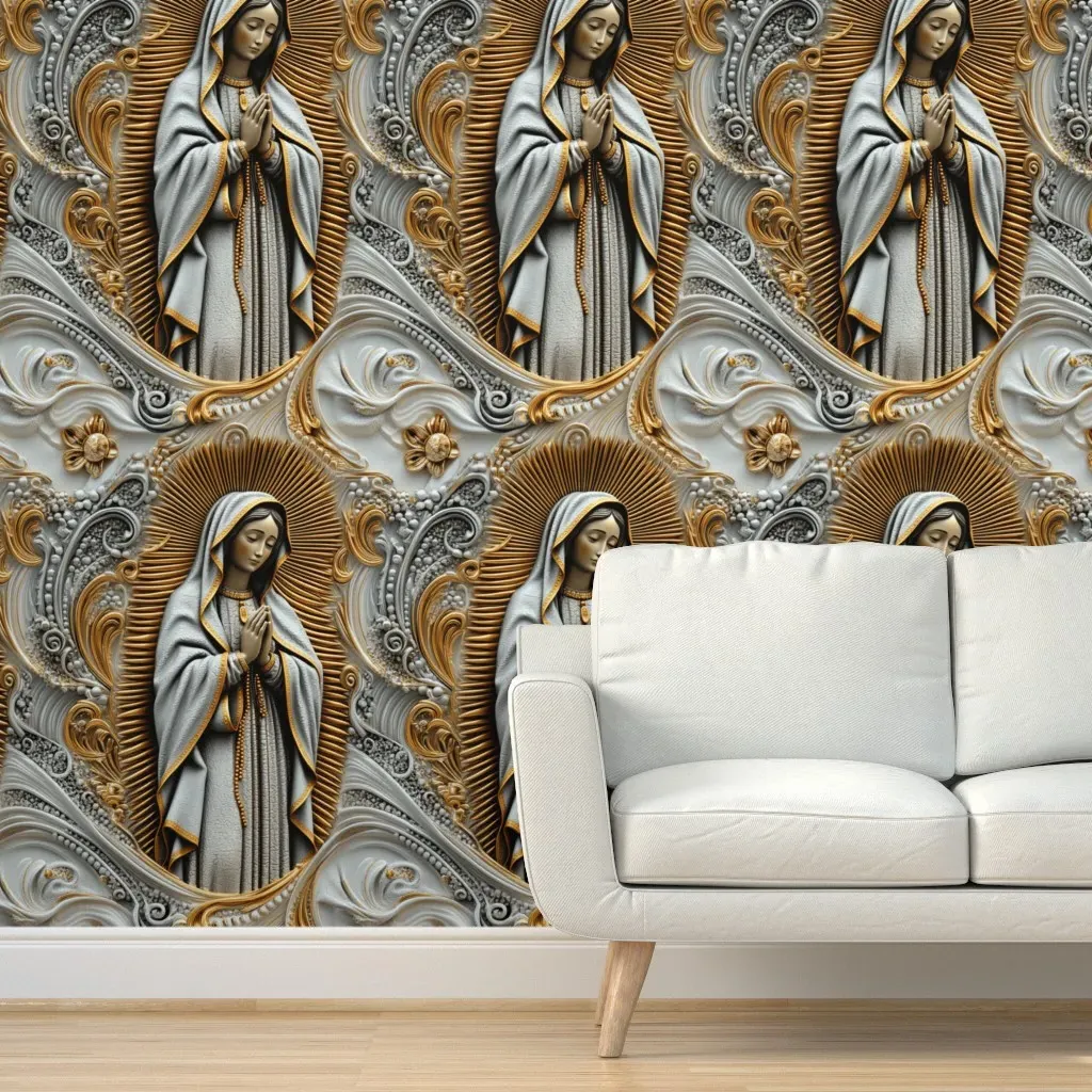 Ornate Virgin Mary Golden Sunburst Peel and Stick Wallpaper - Gray product