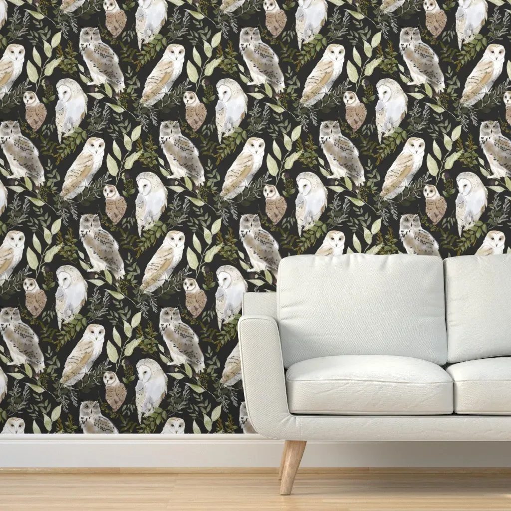 Owl Forest Peel and Stick Wallpaper - Beige, Charcoal product