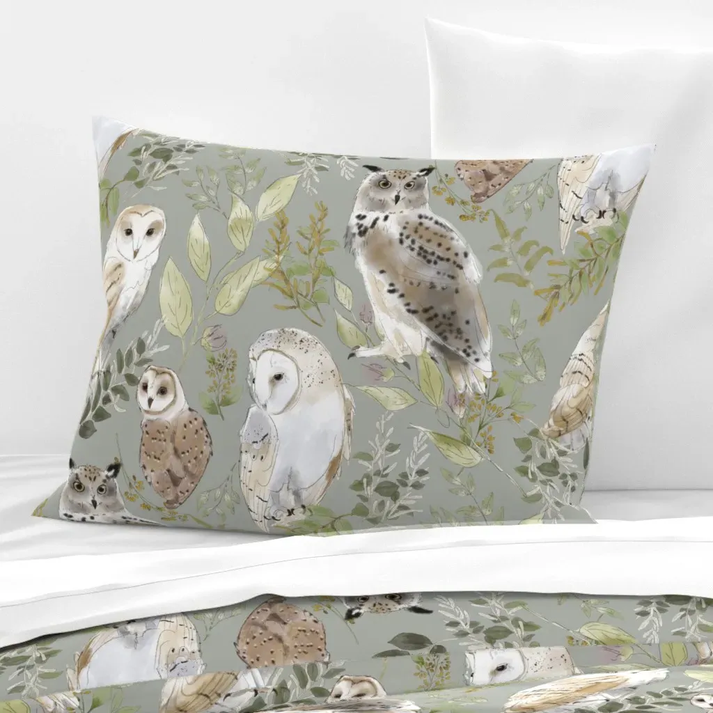 Owl Forest Standard Knife Edge Pillow - Sage Green, Cotton Sateen product