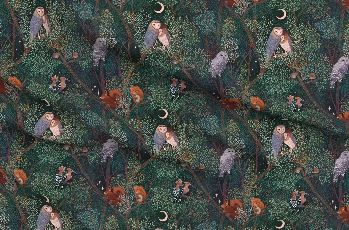 Owl Love Squirrels And Owls In Trees Fabric - Dark Teal product