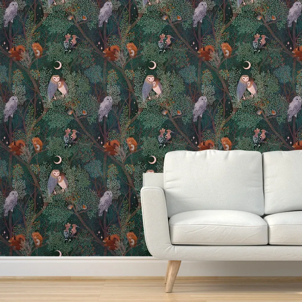 Owl Love Squirrels and Owls in Trees Peel and Stick Wallpaper - Dark Teal product