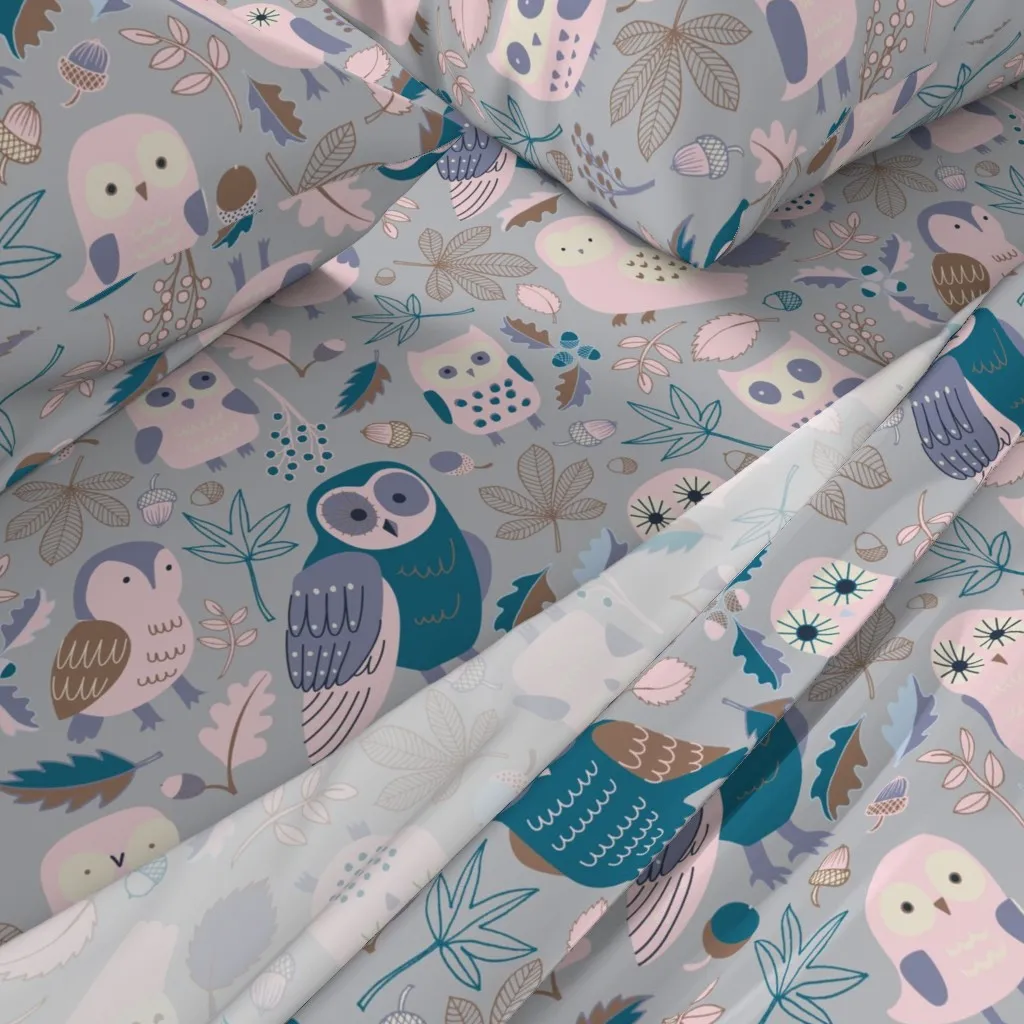 Owls In Autumn King Size Sheet Set - Dusty Blue alternate view