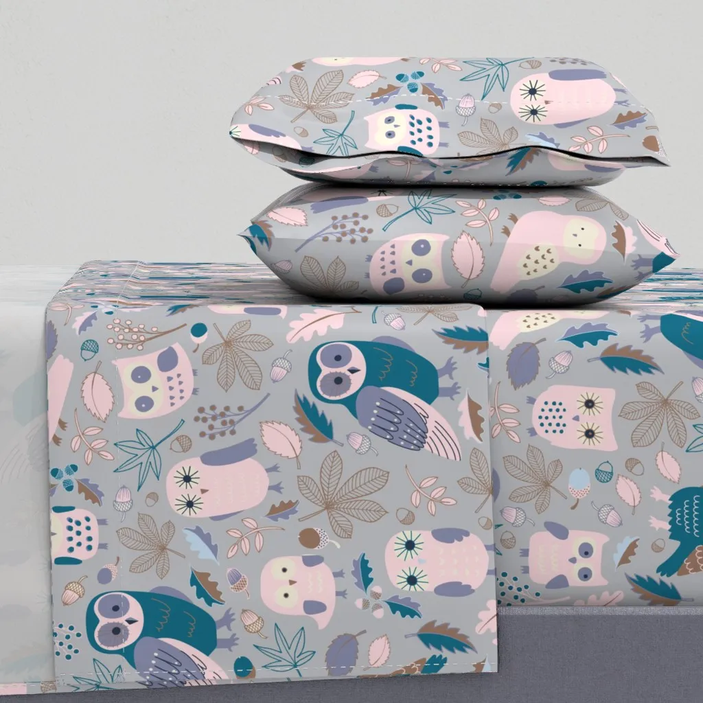 Owls In Autumn King Size Sheet Set - Dusty Blue product