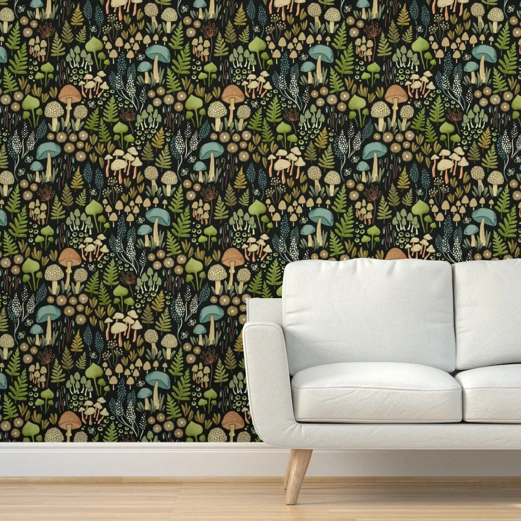 Pacific Coast Rainforest Winter Mushroom Biome Peel and Stick Wallpaper - Dark Green product