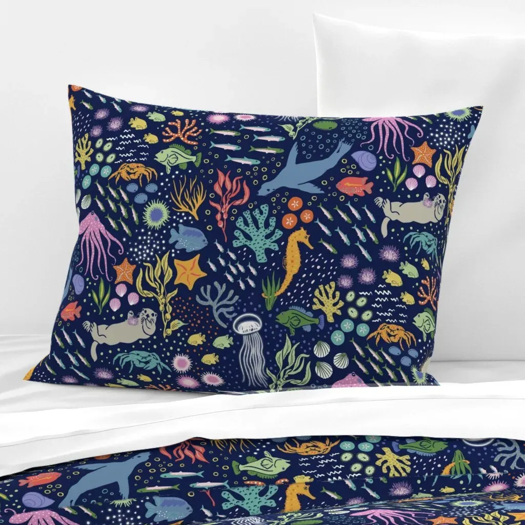 Pacific Ocean Sea Life Standard Knife Edge Pillow - Navy Blue, Cotton Sateen product