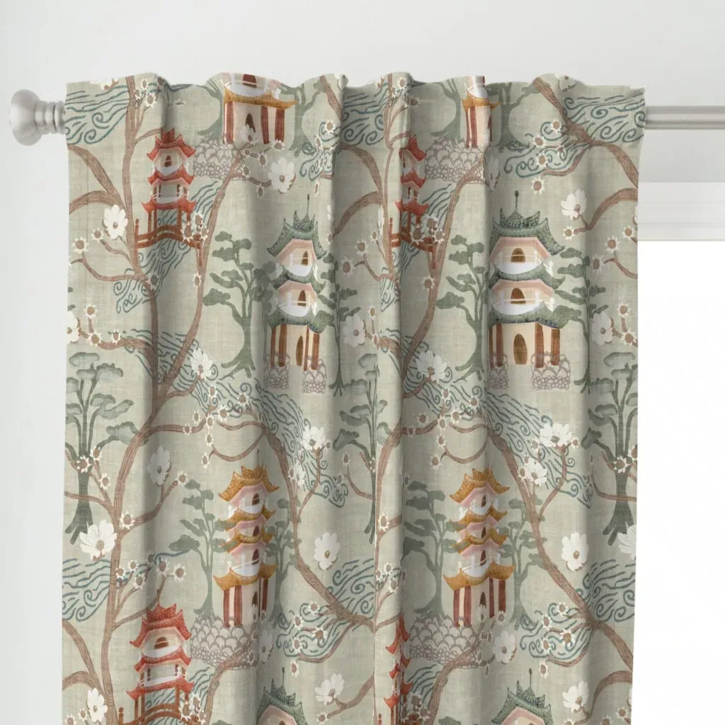 Pagoda Forest Chinoiserie Curtain Panel - Sage Green alternate view