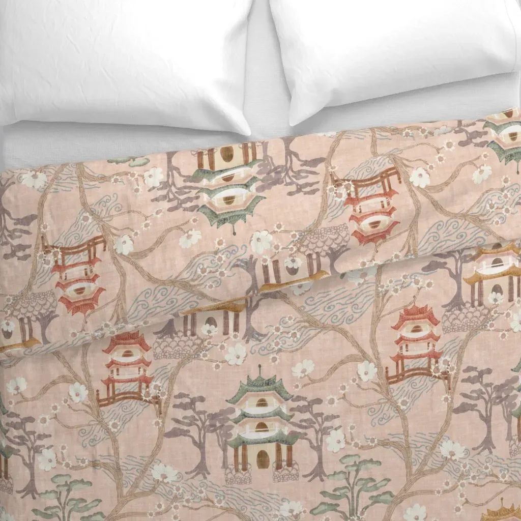 Pagoda Forest Chinoiserie Duvet Cover - Blush Pink alternate view