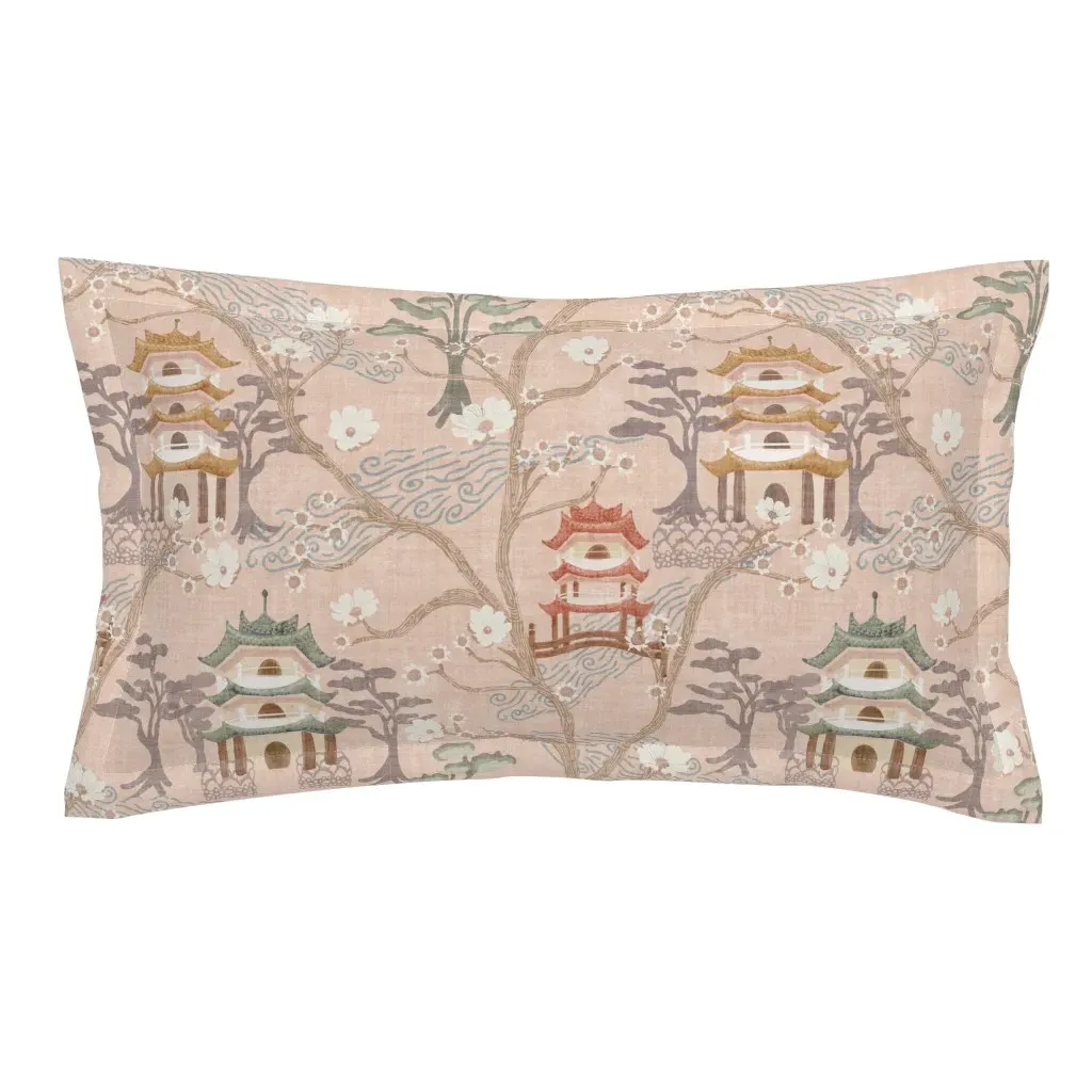 Pagoda Forest Chinoiserie Japandi King Pillow Sham - Blush Pink product