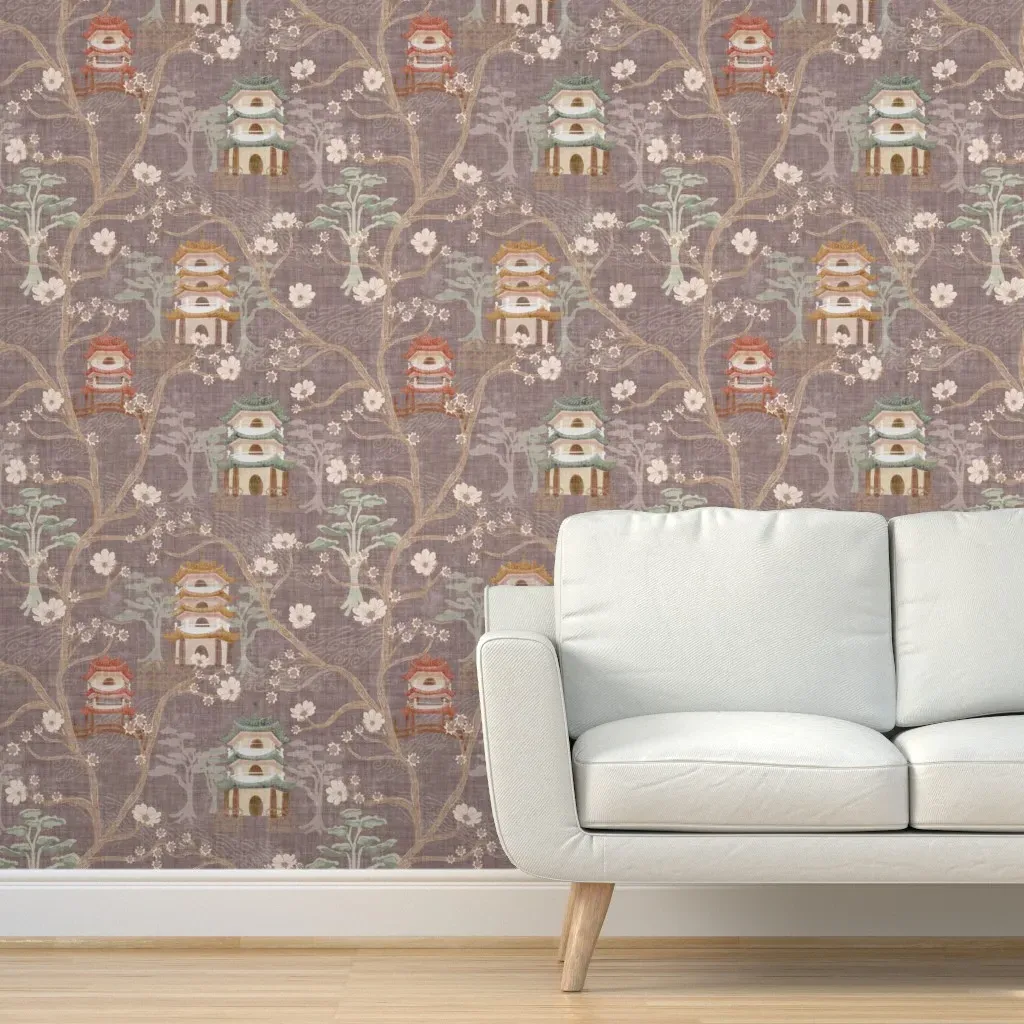 Pagoda Forest Chinoiserie Peel and Stick Wallpaper - Dusty Rose product