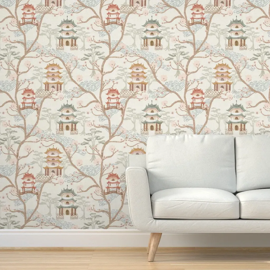 Pagoda Forest Chinoiserie Watercolor Peel and Stick Wallpaper - Beige product
