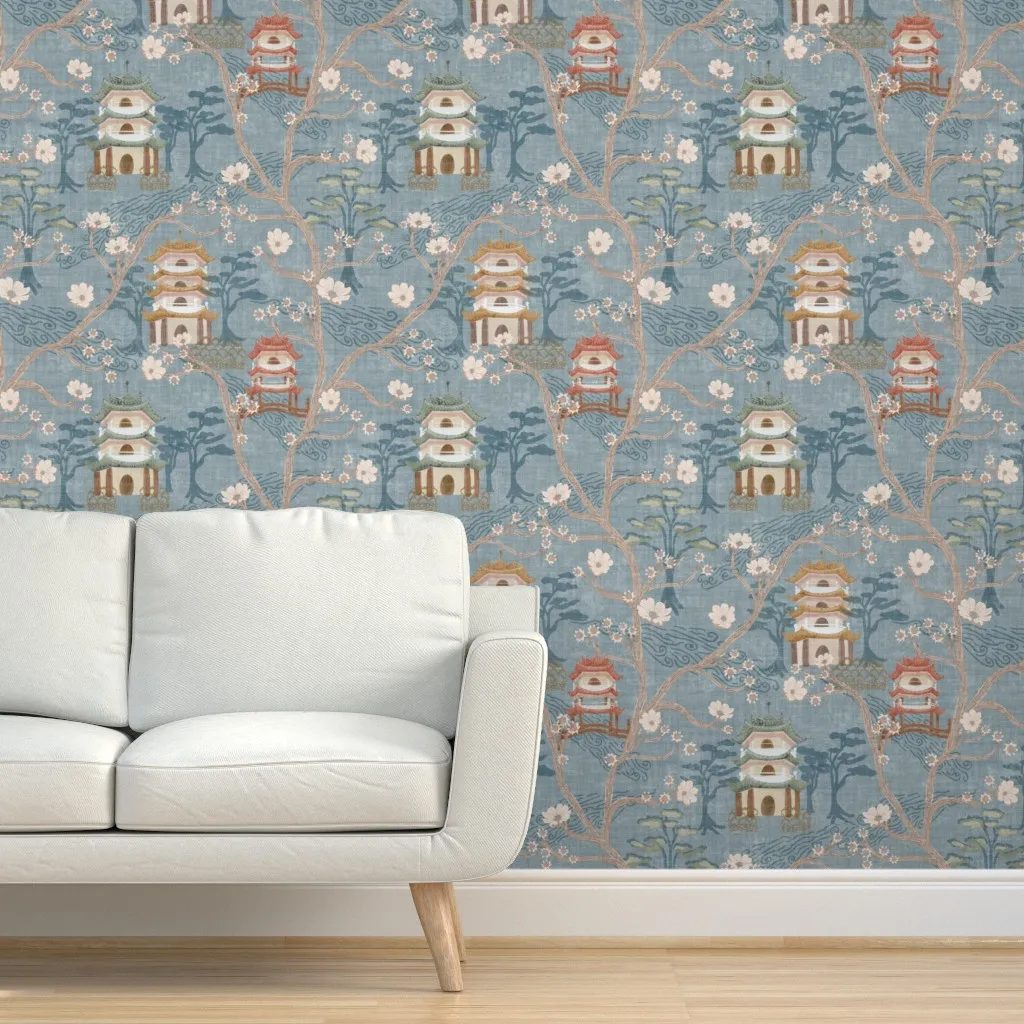 Pagoda Forest Chinoiserie Watercolor Peel and Stick Wallpaper - Dusty Blue product