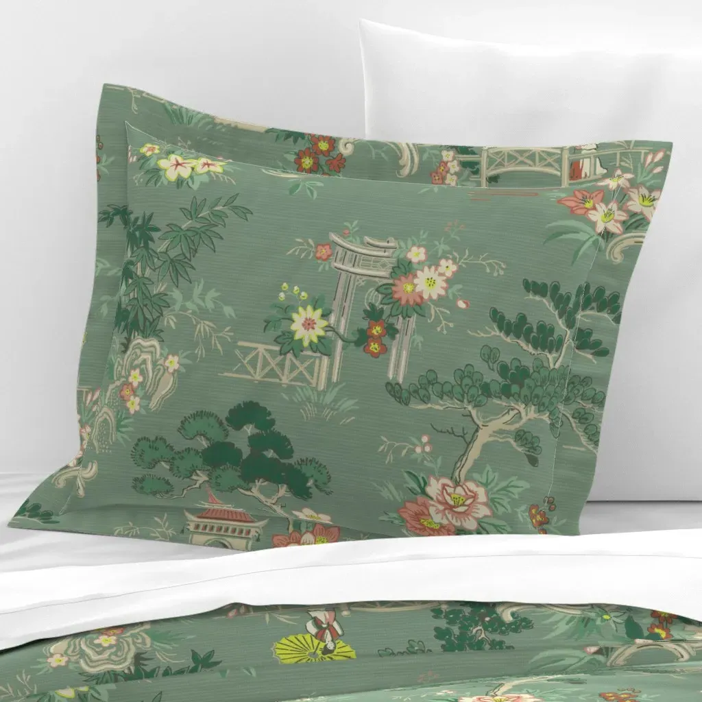 Pagoda In Jade Standard Flanged Cushion Cover - Sage Green, Cotton Sateen product