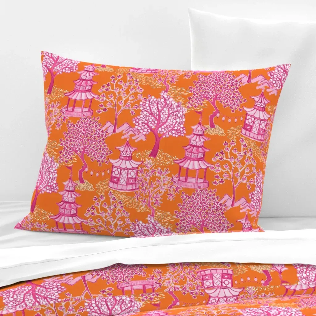 Pagoda Landscape Standard Knife Edge Cushion Cover - Orange, Cotton Sateen product