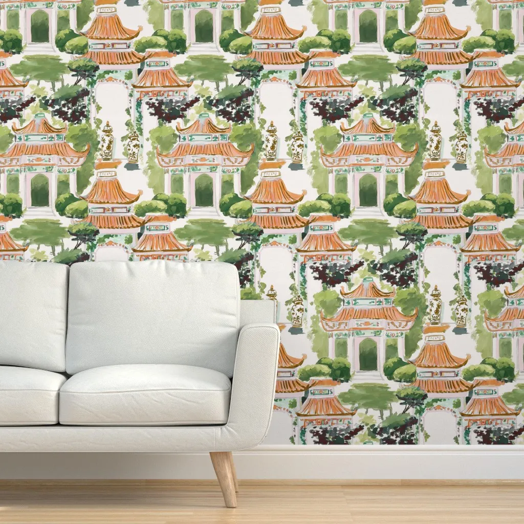 Pagoda Pavilion Chinoiserie Peel and Stick Wallpaper - Orange product