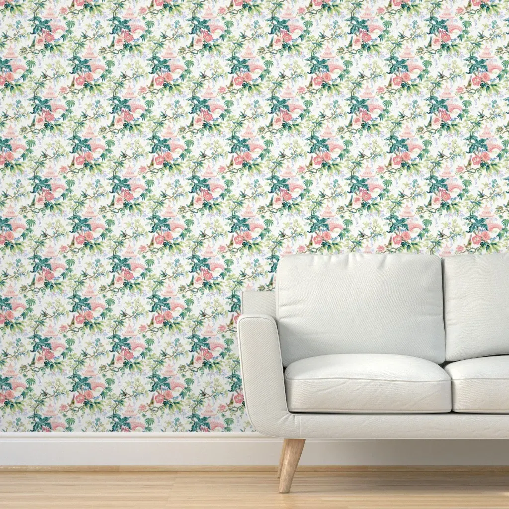 Pagoda Toile Peel and Stick Wallpaper - Pink, Green product