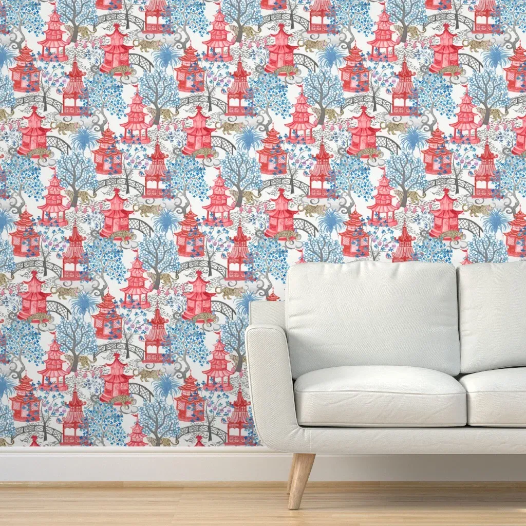 Pagodas & Leopards Peel and Stick Wallpaper - Red, Blue Teal product