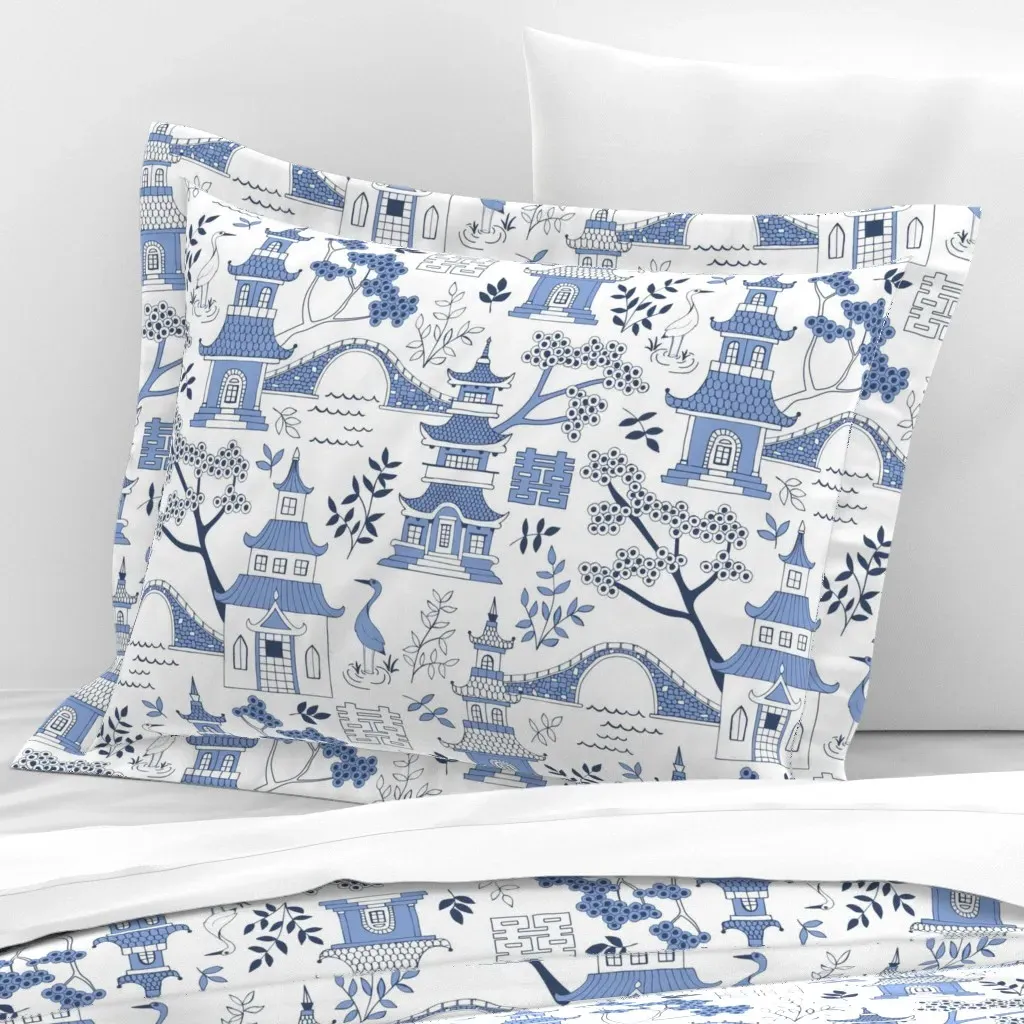Pagodas Wide Standard Flanged Cushion Cover - Blue, Cotton Sateen product