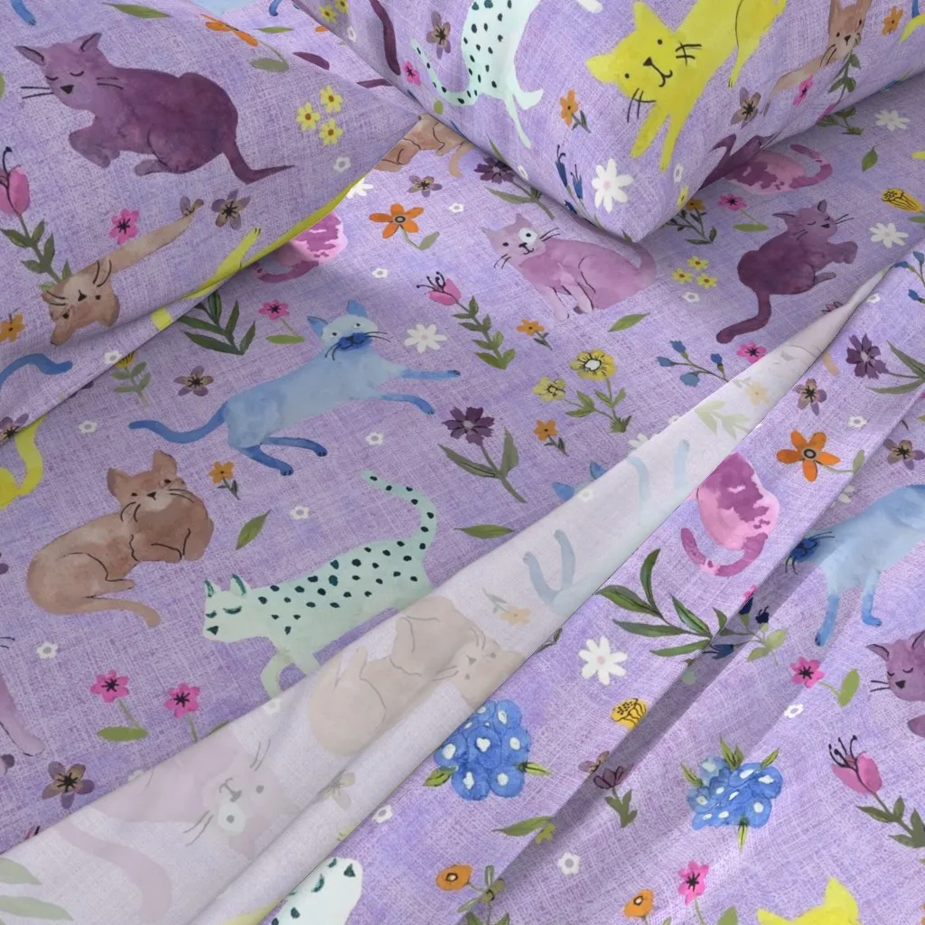Painted Kitties Whimsical Floral Cal King Sheet Set - Purple alternate view