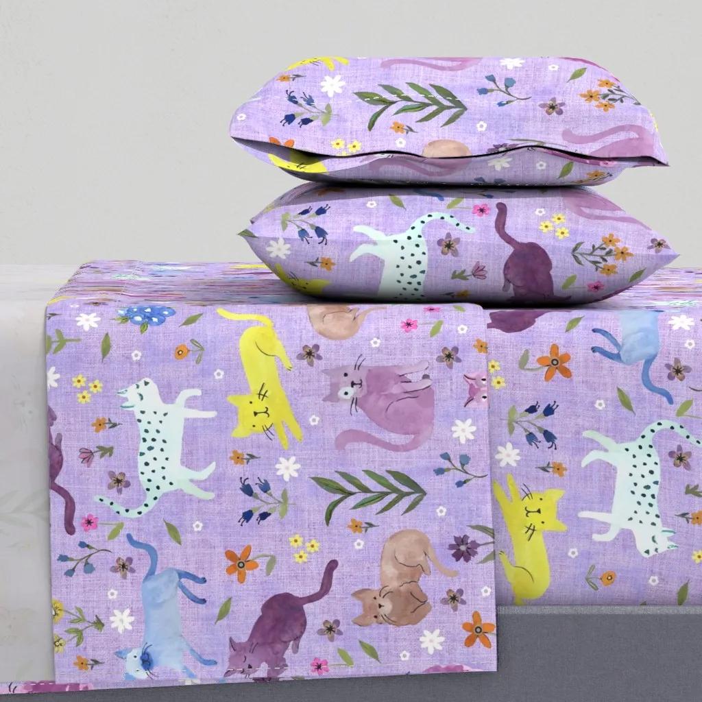 Painted Kitties Whimsical Floral Cal King Sheet Set - Purple product