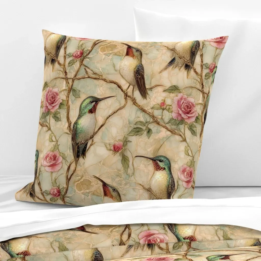Painted Marble Hummingbird & Pink Rose Euro Pillow Sham - Green product