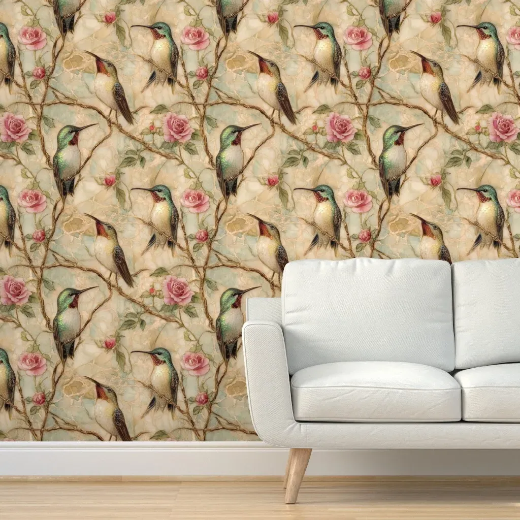 Painted Marble Hummingbird Pink Rose & Gold Branches Peel and Stick Wallpaper - Green product