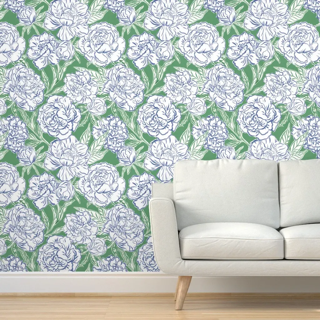 Painted Peonies Peel and Stick Wallpaper - Blue, Green product