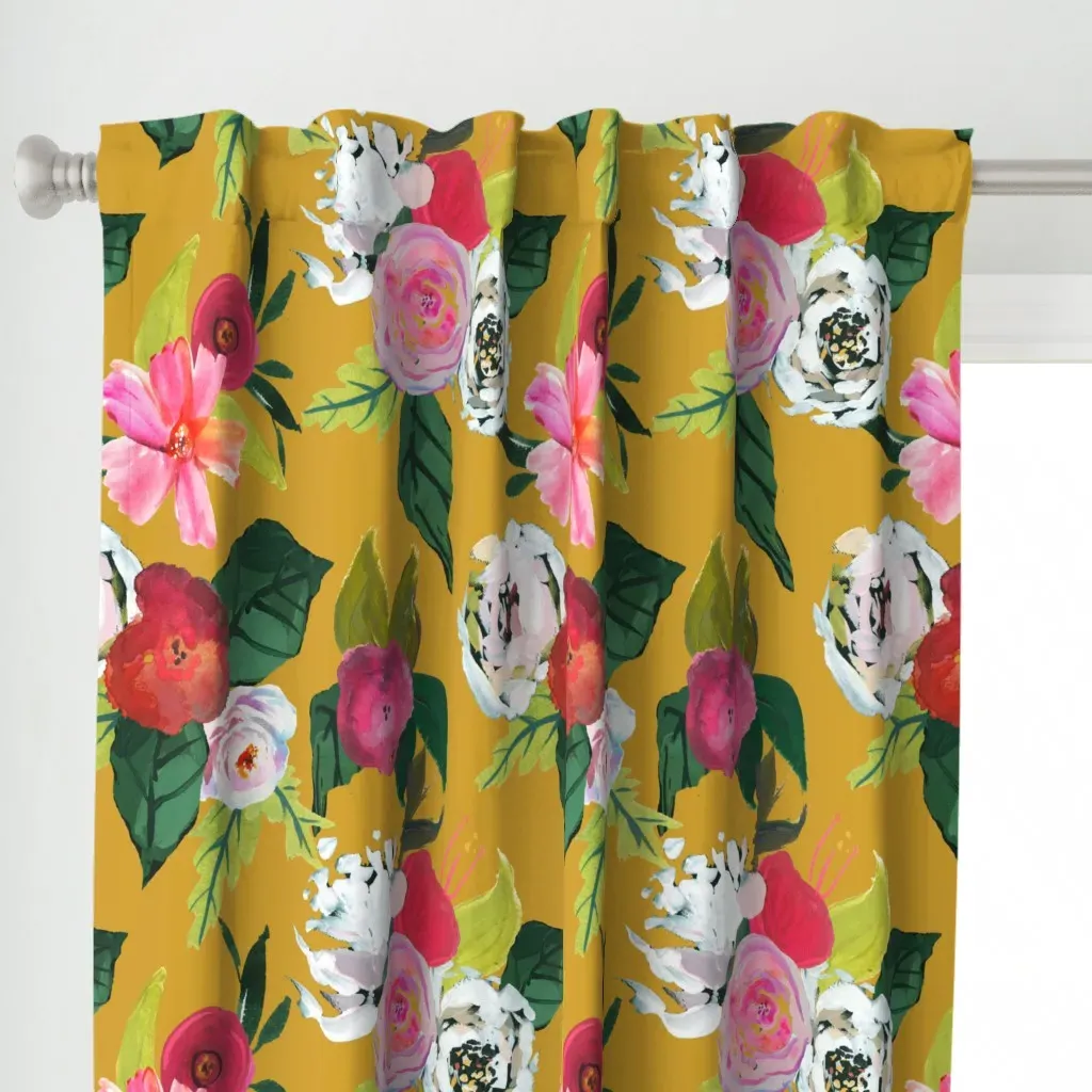 Painted Rose Garden Curtain Panel - Mustard Yellow alternate view