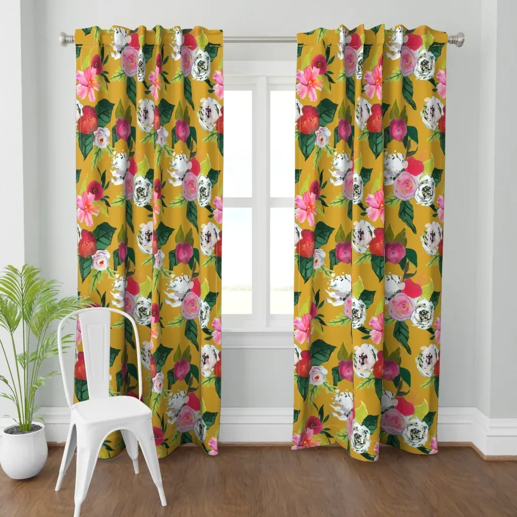 Painted Rose Garden Curtain Panel - Mustard Yellow product