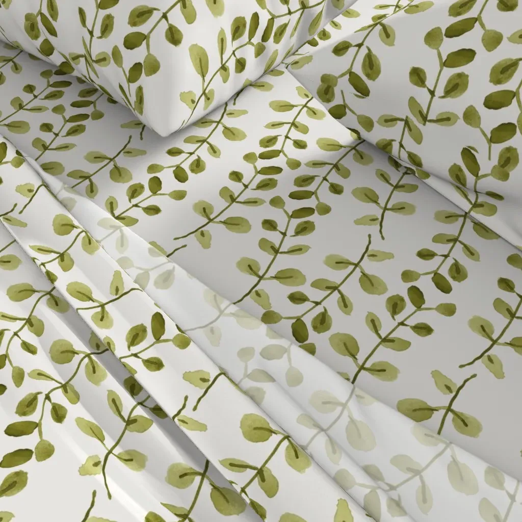 Painted Watercolor Leaves King Sheet Set - Olive Green alternate view