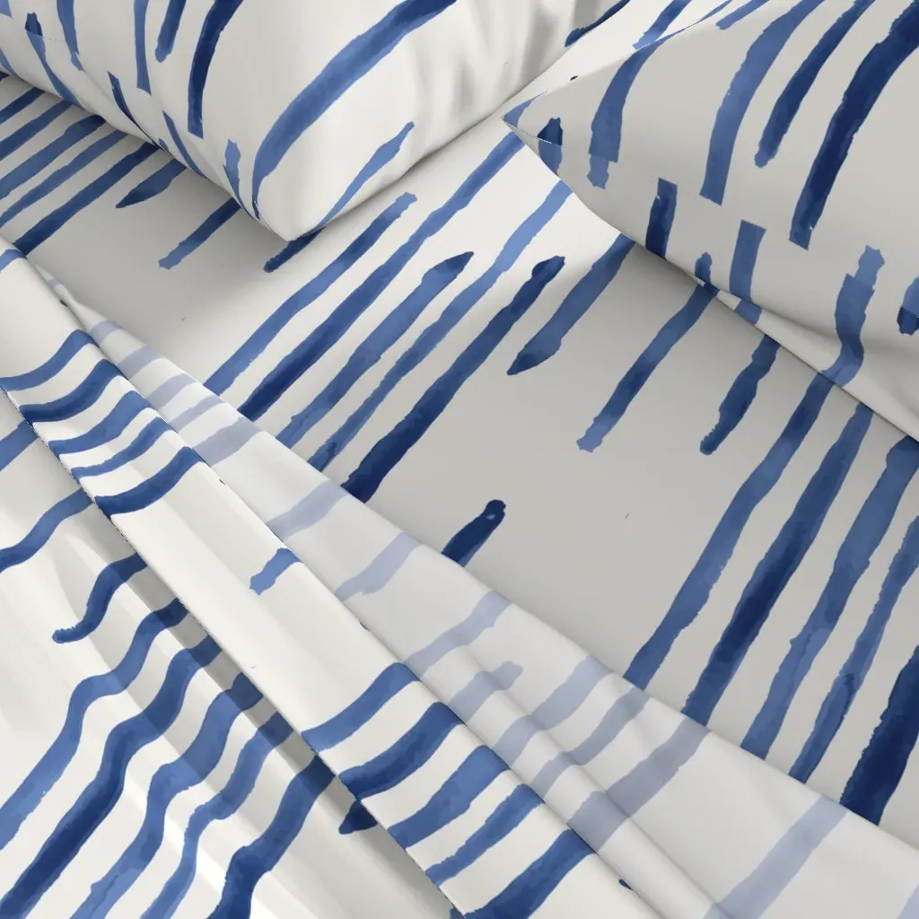 Painterly Inky Blue Drip Lined Stripes King Sheet Set - Indigo alternate view