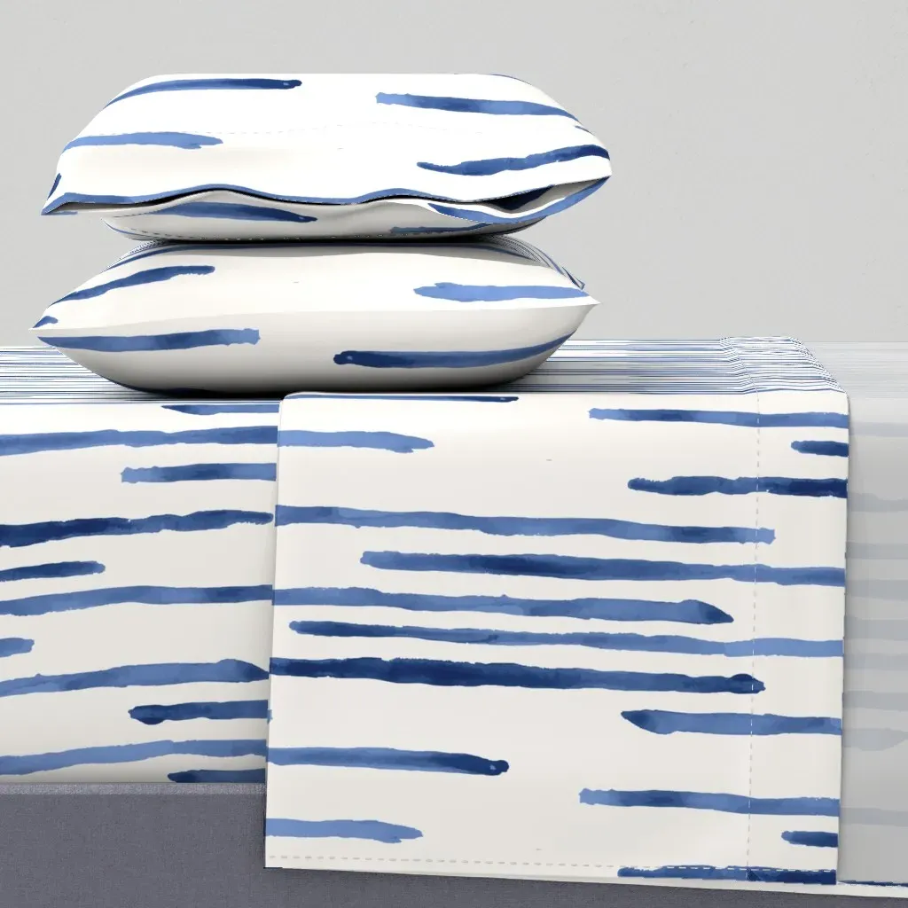 Painterly Inky Blue Drip Lined Stripes King Sheet Set - Indigo product