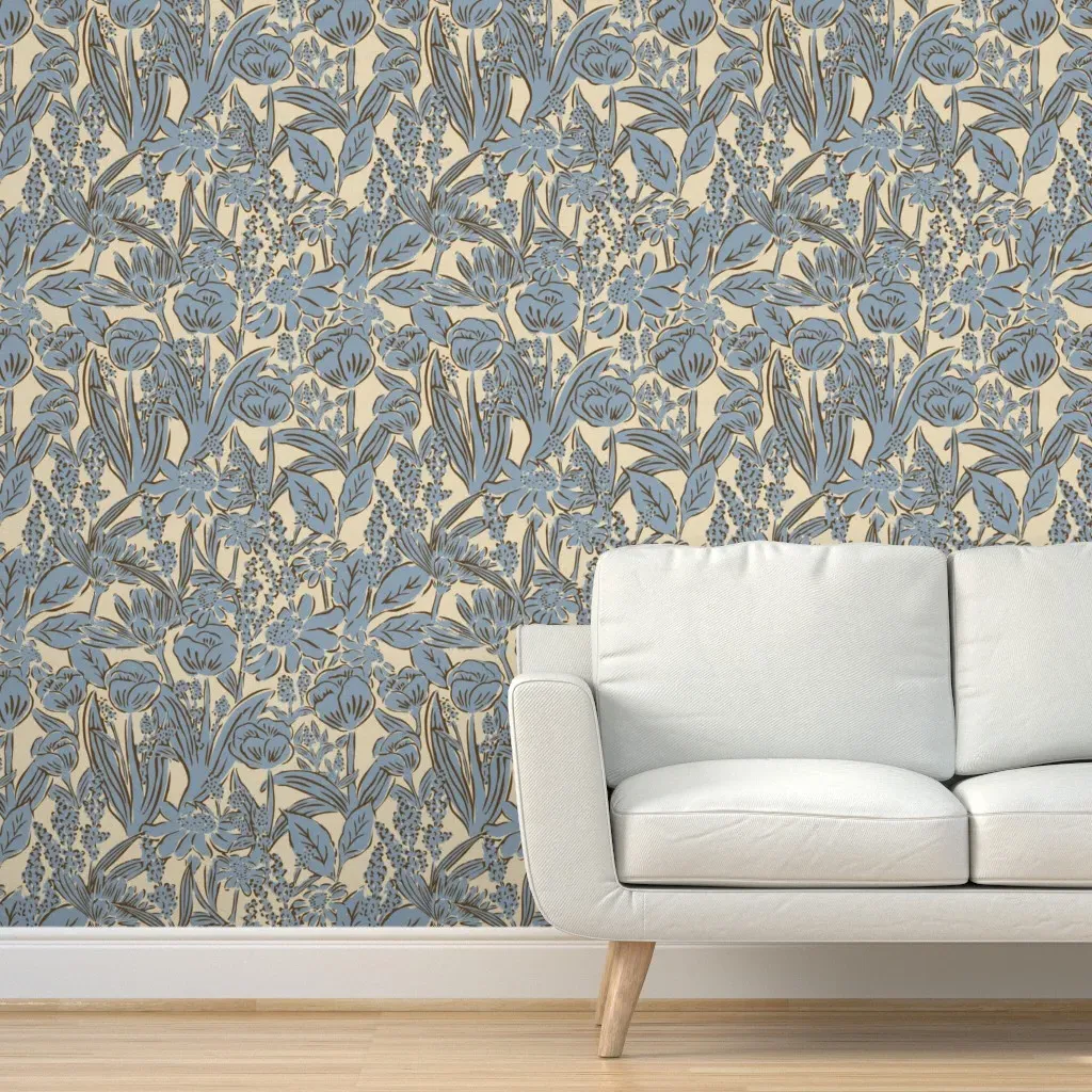 Painterly Summer Garden Outline Peel and Stick Wallpaper - Cornflower Blue product