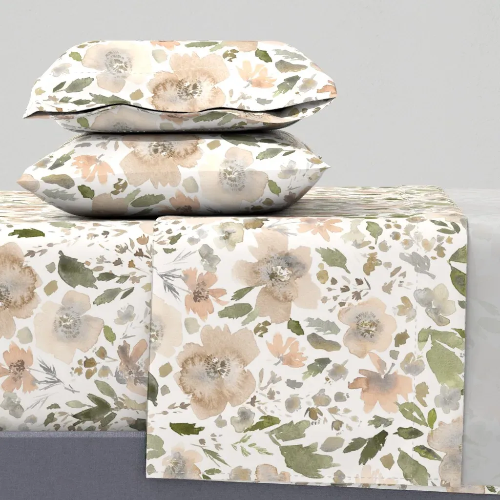 Painterly Watercolor Floral & Leaves Queen Sheet Set - Beige product