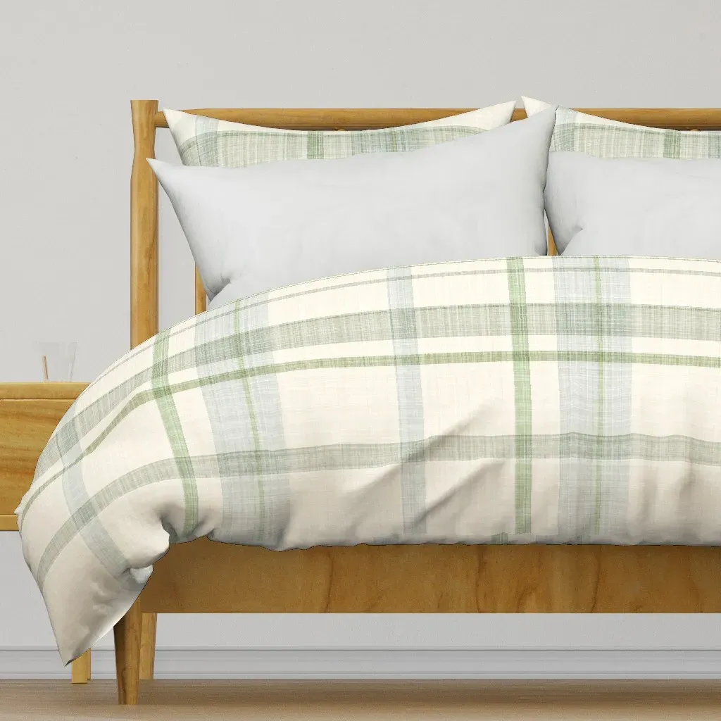 Pale Green Coastal Plaid Duvet Cover - Off-White product
