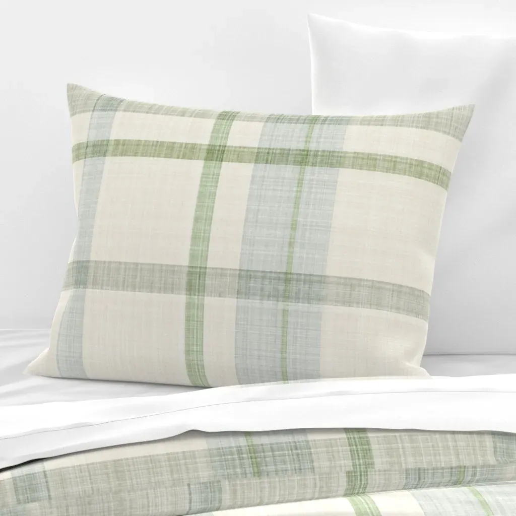Pale Green Coastal Plaid Gingham Standard Pillow - Off-White, Cotton Sateen product