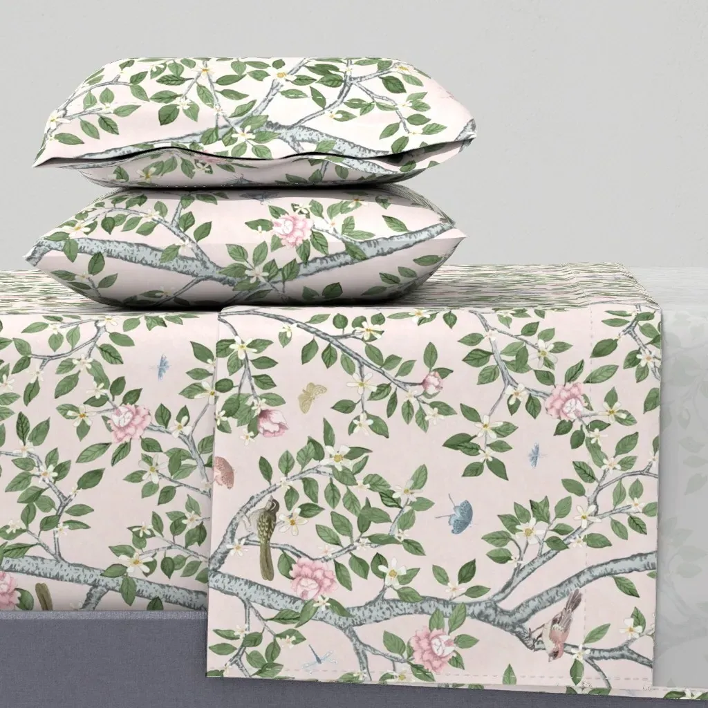 Pale Pink Climbing Citrus Grove with Peonies Full Sheet Set - Pink product
