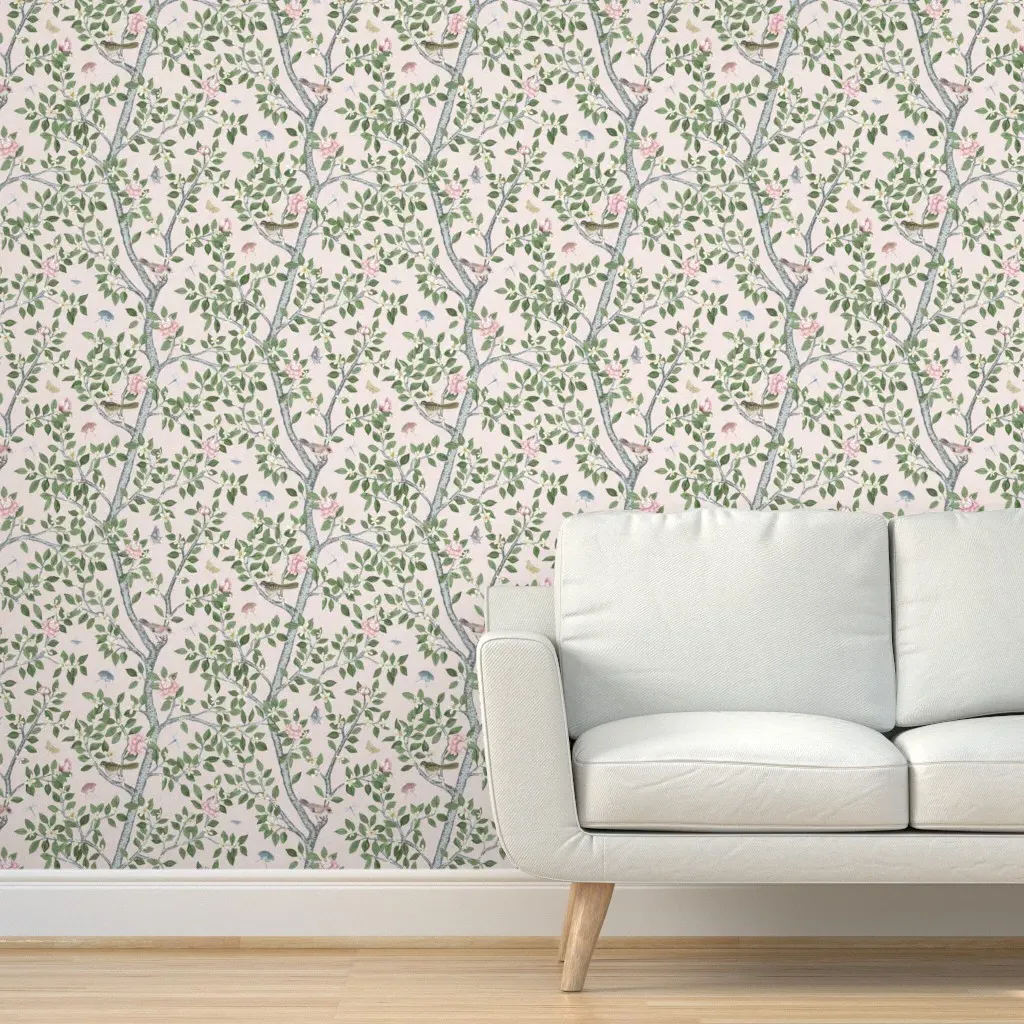 Pale Pink Climbing Citrus Grove With Peonies Peel and Stick Wallpaper - Pink, Green product