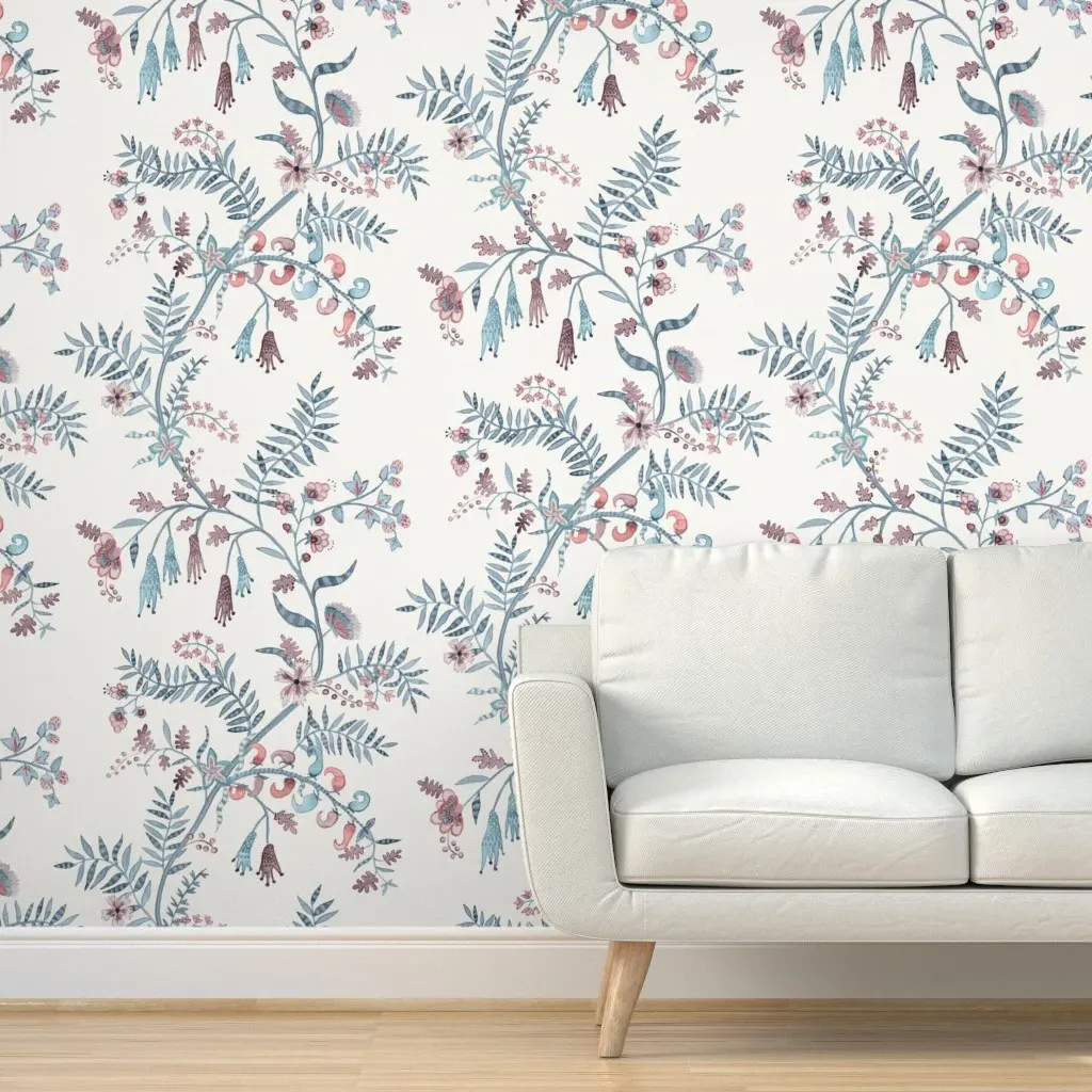 Pallavi Indian Peel and Stick Wallpaper - Red, Plum and Blues on Cream product