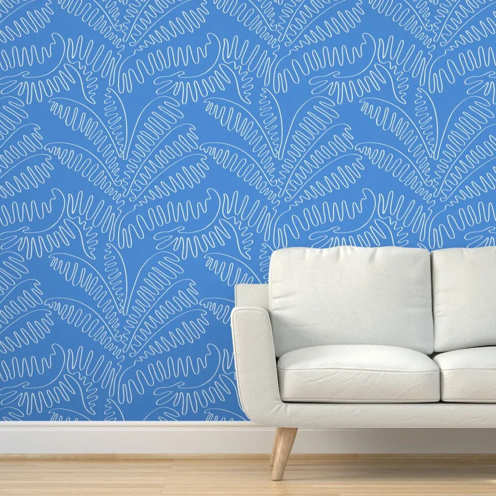 Palm Leaves Line Art Peel and Stick Wallpaper - Violet Blue product