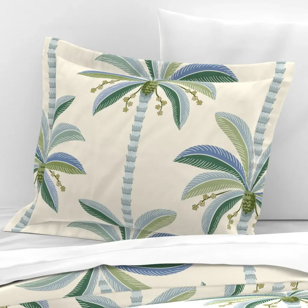 Palm Springs Palm Stripes Standard Flanged Pillow - Blue Green Ivory, Cotton Sateen product
