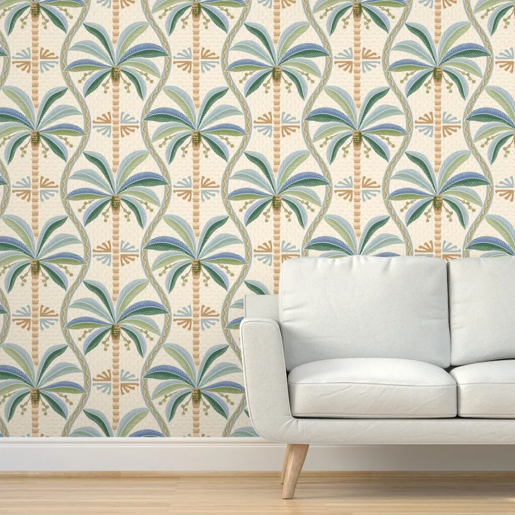 Palm Springs Palm Trees Wavy Stripes Peel and Stick Wallpaper - Blue Green Gold product