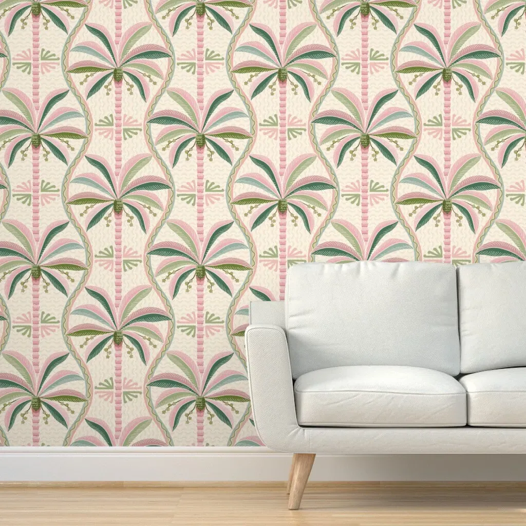 Palm Springs Palm Trees Wavy Stripes Peel and Stick Wallpaper - Pink, Green, Gold product