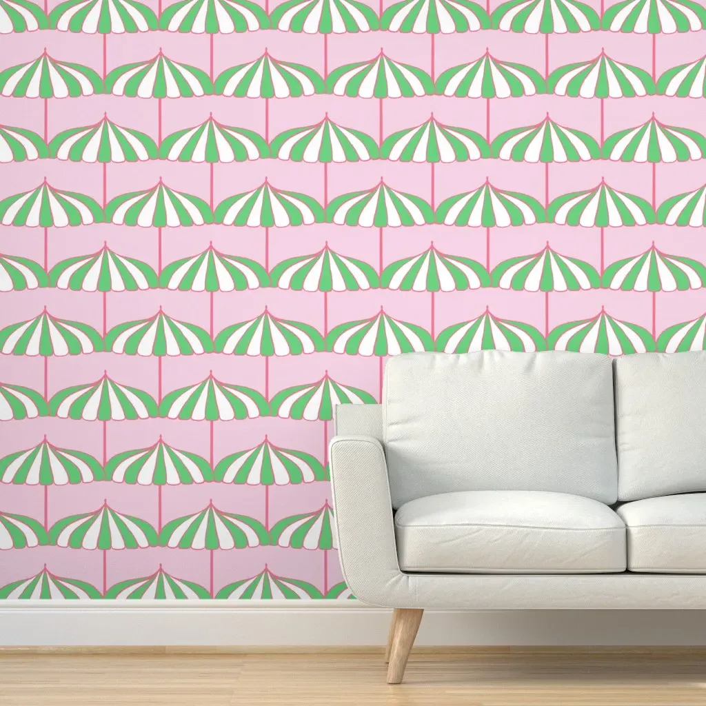 Palm Springs Pool Umbrellas Peel and Stick Wallpaper - Pink, Green, White product
