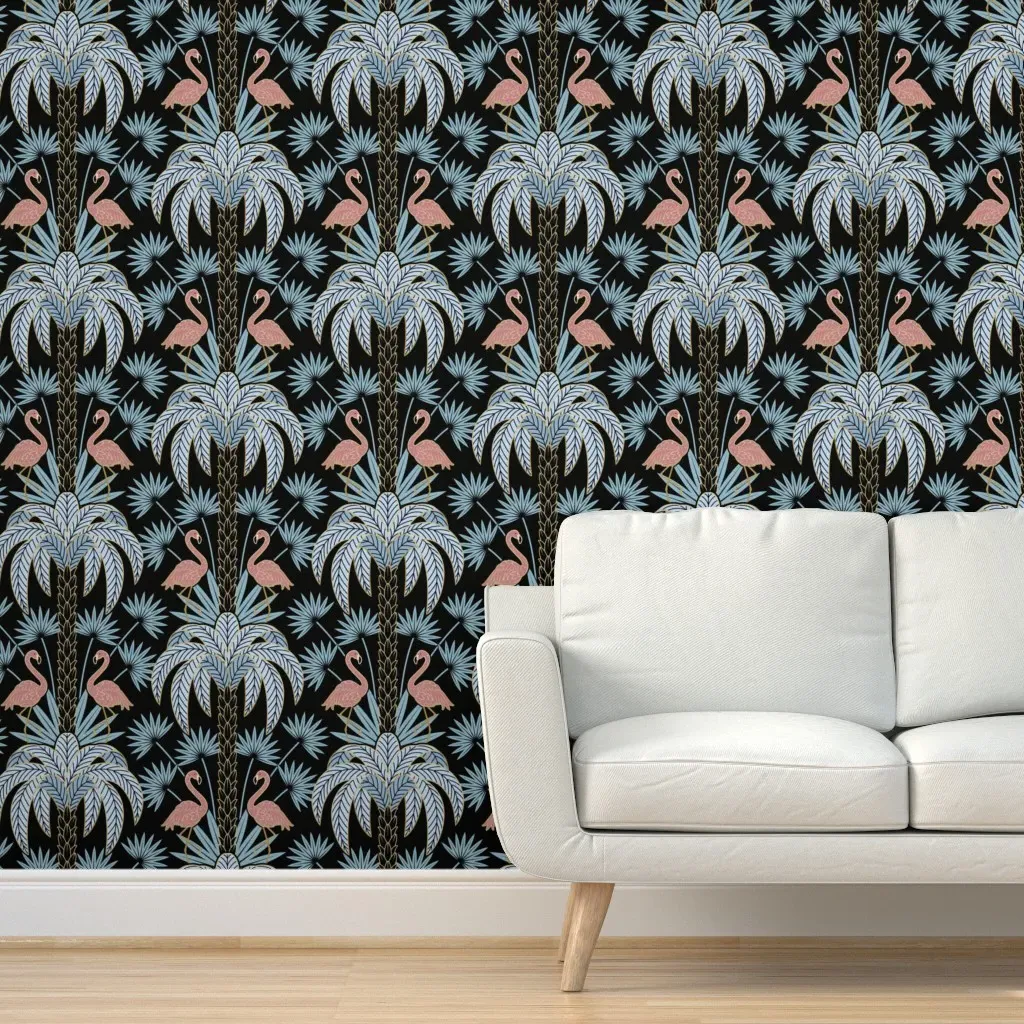 Palm Tree & Flamingo Art Deco Peel and Stick Wallpaper - Black, Light Blue product
