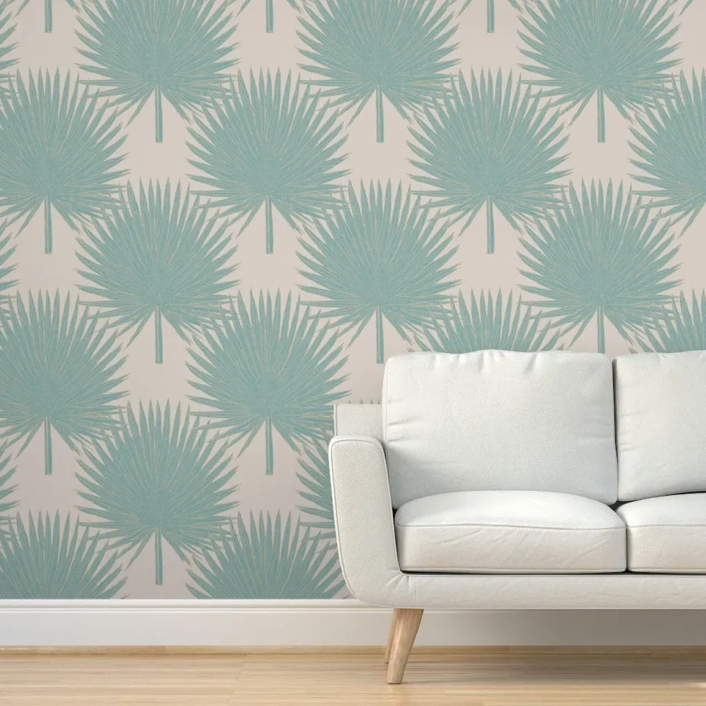 Palmetto Leaves Peel and Stick Wallpaper - Dusty Teal, Beige product