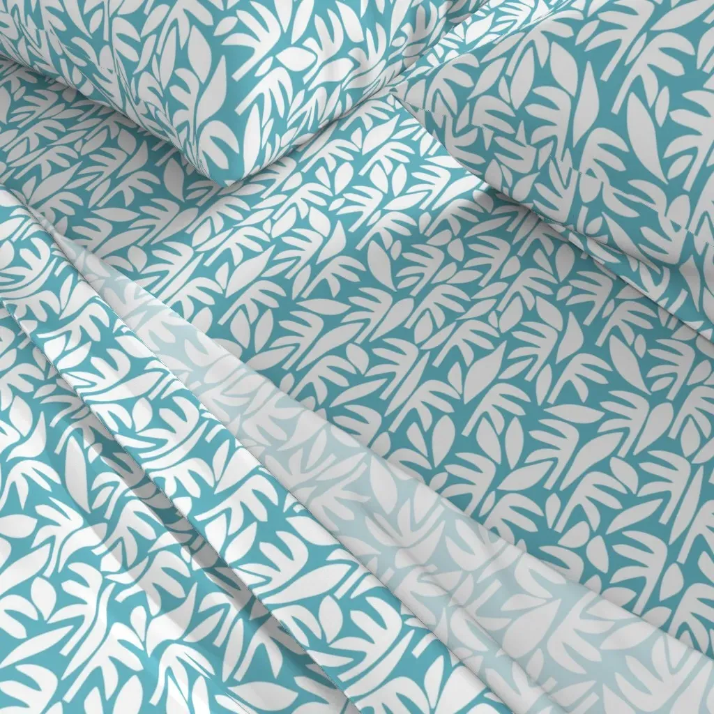 Palms And Leaves King Size Sheet Set - White, Turquoise alternate view