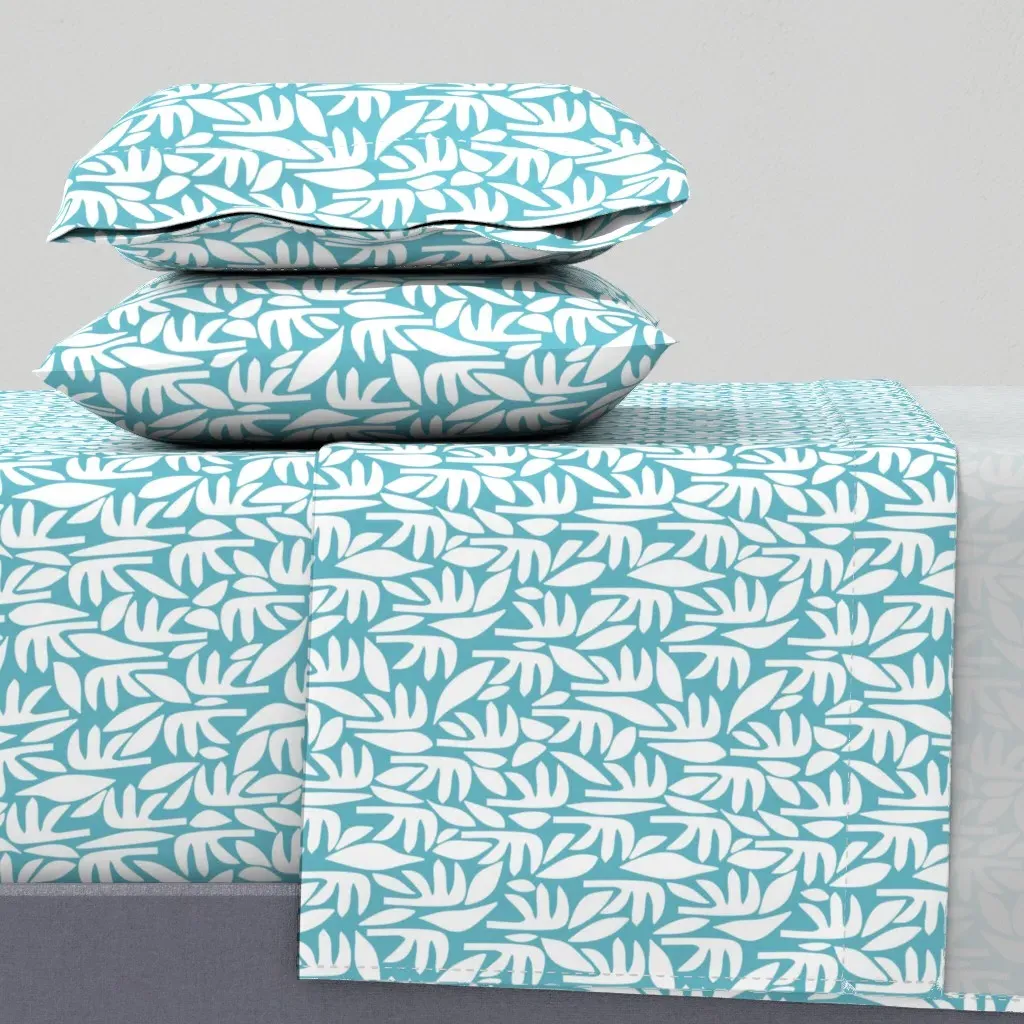 Palms And Leaves King Size Sheet Set - White, Turquoise product