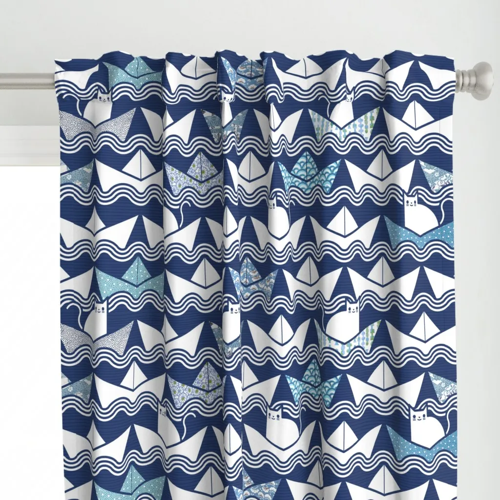 Paper Boat Cats Sailing Curtain Panel - Navy Blue alternate view